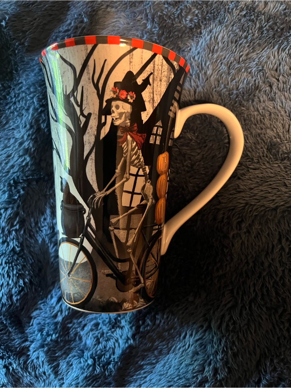 222 Fifth Halloween Tall Coffee Latte Mug Porcelain Bicycle Skeleton Black Cat